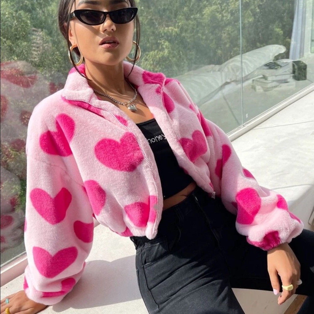 Pink hearts faux fur cropped jacket